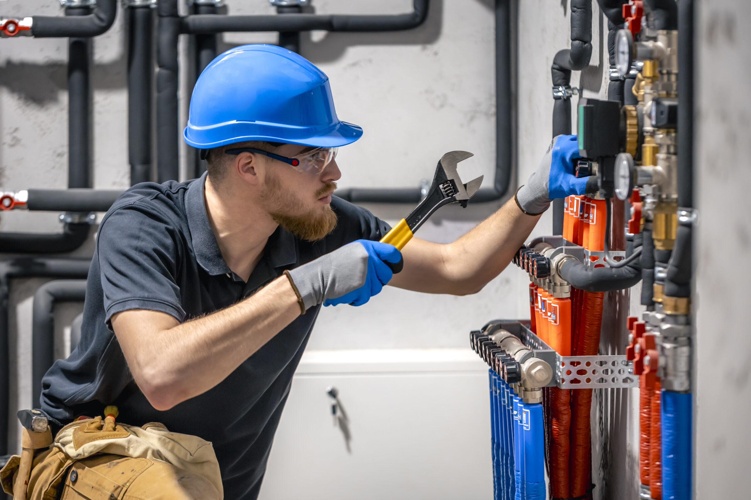 Commercial plumber wearing safety gear and inspecting a building plumbing system with insulated pipes and gauges during a routine maintenance service in Conroe, Texas.